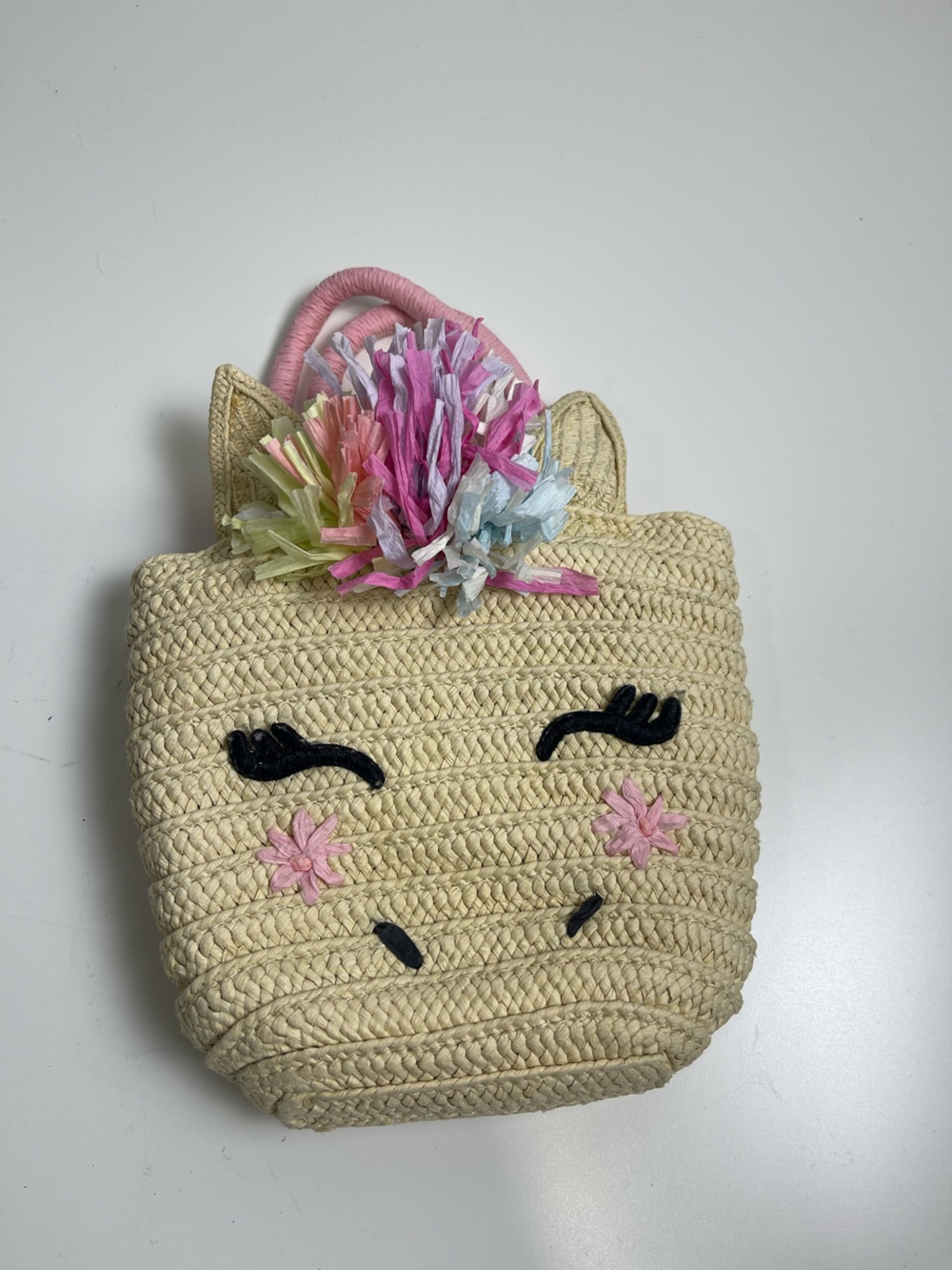 Kids Straw Unicorn Tote with Pink Pom Accent girls purse